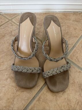 ANTONIO MELANI Taupe Braided Beaded Strap Heeled Sandals